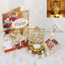 Diwali Gift Items - Diwali Ganesha Shadow Diya and Hanging with Diwali Card