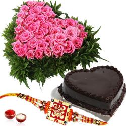 Bhai Bhabhi Rakhis - Heartshape Cake and Roses with Rakhi for Brother