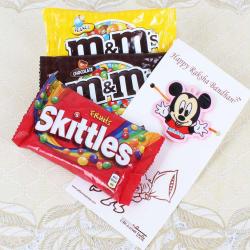 Rakhi to Canada - Micky Mouse Rakhi with MnM and Skittles Chocolates Packs - Canada