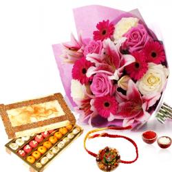 Rakhi With Flowers - Exotic Flowers with Sweets and Rakhi