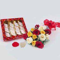 Bhai Dooj Gifts to Visakhapatnam - Bhaidooj Gift of Trio Color Roses Bouquet with Kaju Katli Sweets