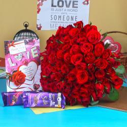 Send Valentines Day Gift Red Roses Bouquet with Chocolate and Card To Indore