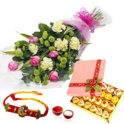 Rakhi With Flowers - Flower Bouquet with Sweet and Rakhi