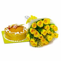 Flowers and Cake for Her - Shiny Yellow Roses with Butterscotch Cake