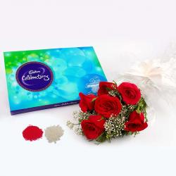 6 Red Roses Bouquet with Cadbury Celebration Chocolate Pack for Bhaidooj
