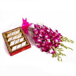 Sweets - Kaju Barfi and Purple Orchids Bouquet