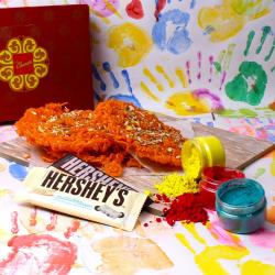 Holi Gifts - Jalebi Ghevar Sweet with Herbal Holi Colors and Hershey Chocolate Bars