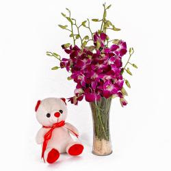 Birthday Soft Toys - Glass Vase of Orchids and Cuddly Bear
