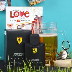 Send Wedding Gift Scuderia Ferrari Black Spray with Freezing Mug Hamper Including Love Key Chain and Card To Haveri