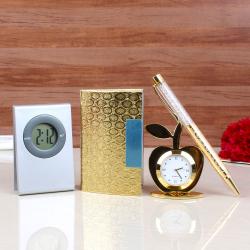Valentine Mens Accessories Gifts - Golden Apple Clock and Card Holder with Glden Crystal Pen and Digital Clock Paper Clip
