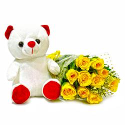 Flower Hampers for Her - Forever 10 Yellow Roses with Cute Teddy Bear
