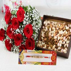 Kundan Rakhis - Rakhi with Assorted Dry Fruits and Roses Bouquet