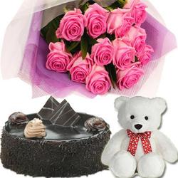 Congratulations Gifts - Pink Roses With Chocolate Cake and Teddy Bear