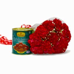 Send Mouthwatering Gulab Jamun with Love Red Carnations To Amalapuram