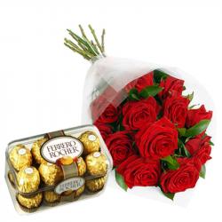 Valentine Flowers with Chocolates - Red Roses Bunch And 16 Pcs Ferrero Rocher Chocolates For Perfect Love