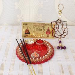 Diwali Gift Ideas - Acrylic Designer Thali with Ganesha Hanging and Kuber Lakshmi Note