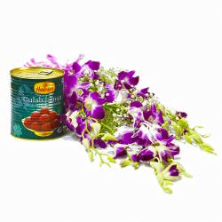 Send Bouquet of Six Purple Orchids with Tempting Gulab Jamuns To Gorakhpur