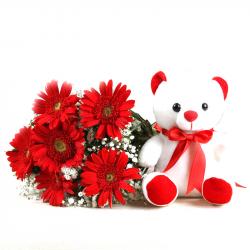 Flowers with Soft Toy - Red Gerberas Bouquet with Cute Teddy Bear