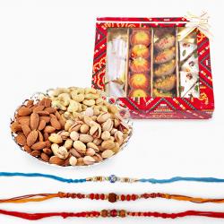 Set Of 3 Rakhis - Kaju Katli Sweets with Rakhi and Dry Fruits