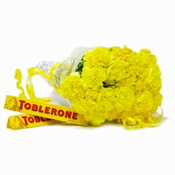 Good Luck Flowers - Hand Tied Bunch 20 Yellow Carnations with Toblerone Chocolate Bars