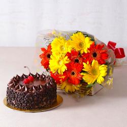 Cake Hampers - Half Kg Choco Chip Cake and Gerberas Bouquet