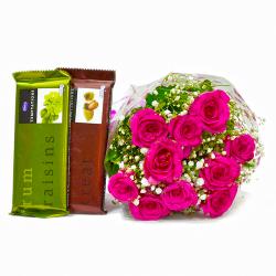 Birthday Gifts for Women - Hand Tied Bunch of Ten Pink Roses and Bars of Temptation Chocolate