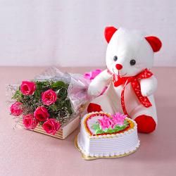 Send Rakhi Gift Six Pink Roses with Heart Shape Vanilla Cake and Cute Teddy Bear To Bangalore