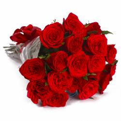 Romantic Flowers - Eighteen Red Roses in Cellophane Wrapped Bunch