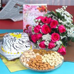 Flower Hampers for Her - Healthy Dryfruit Birthday Treat with Vanilla Cake and Roses