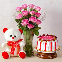 Cakes and Soft Toys - Pink Roses Vase with Strawberry Cake and Teddy Bear
