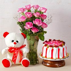 Mothers Day Gifts From Son - Pink Roses Vase with Strawberry Cake and Teddy Bear