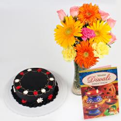 Diwali Gifts to Visakhapatnam - Diwali Card  and Chocolate Cake with Lovely Flowers Vase