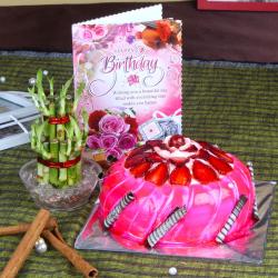 Eggless Cake Hampers - Eggless Strawberry Cake with Good Luck Plant For Birthday