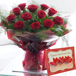 Valentine Flowers with Greeting Cards - Valentine Card with Red Roses Bouquet