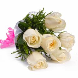 Condolence Flowers - Six White Roses with Tissue Paper Wrapping