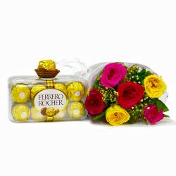 Chocolate with Flowers - Bouquet of Six Assorted Color Roses with Ferrero Rocher Chocolates