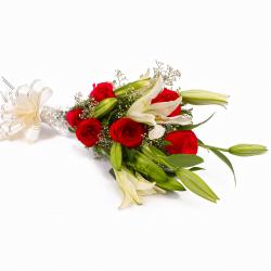 Exotic Flowers Arrangement - Bouquet of Red Roses with Lilies with Cellophane Packing