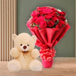 Valentine Flowers with Teddy Soft Toy - Teddy Bear with Red Roses Combo for Love