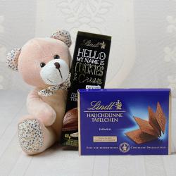 Candy and Toffees - Teddy bear with Hello and Lindt Thin Chocolate