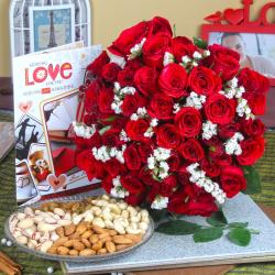 Valentine Flowers with Dryfruits - Assorted Dry Fruits with Red Roses Bouquet and Love Greeting Card