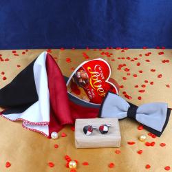 Romantic Gift Hampers for Him - Cufflink Handkerchief with Silver Panel Bow and Love Card