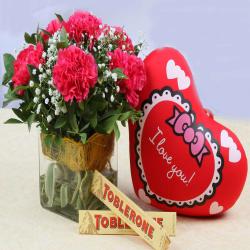 Valentine Mugs and Cushion - Valentine Gift of Pink Carnations with Small Cushion and Toblerone Chocolates