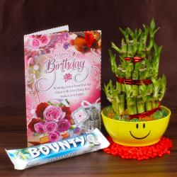 Send Birthday Greeting Card, Good Luck Plant with Bounty Chocolate To Karnal