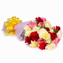 Wedding Flowers - Twenty Two Colorful Carnations Bouquet Tissue Wrapped