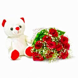 Bouquet of Ten Red Roses with Cute Teddy Bear