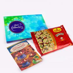 Send Diwali Gift Soan Papdi and Cadbury Celebration Pack with Diwali Card To Blimora