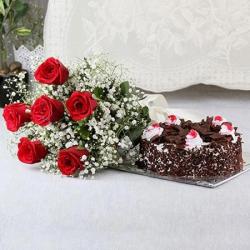 Valentines Eggless Cakes - Eggless Black Forest Cake and Red Roses Bouquet