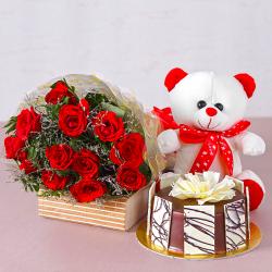 Cakes and Soft Toys - Bunch of Twelve Red Roses with Bear and Chocolate Cake