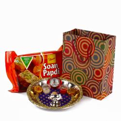 Durga Puja - Deaiger Thali and Silver Coin with Soan papdi for Bhaidooj