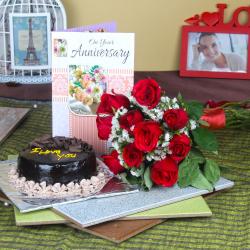 Send Anniversary Message Card with Fresh Roses Bunch and Chocolate Cake To Bharuch